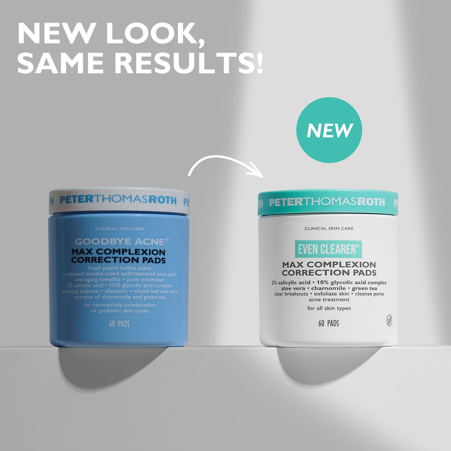 Two jars of Peter Thomas Roth complexion correction pads: old blue packaging and new white packaging with teal label.