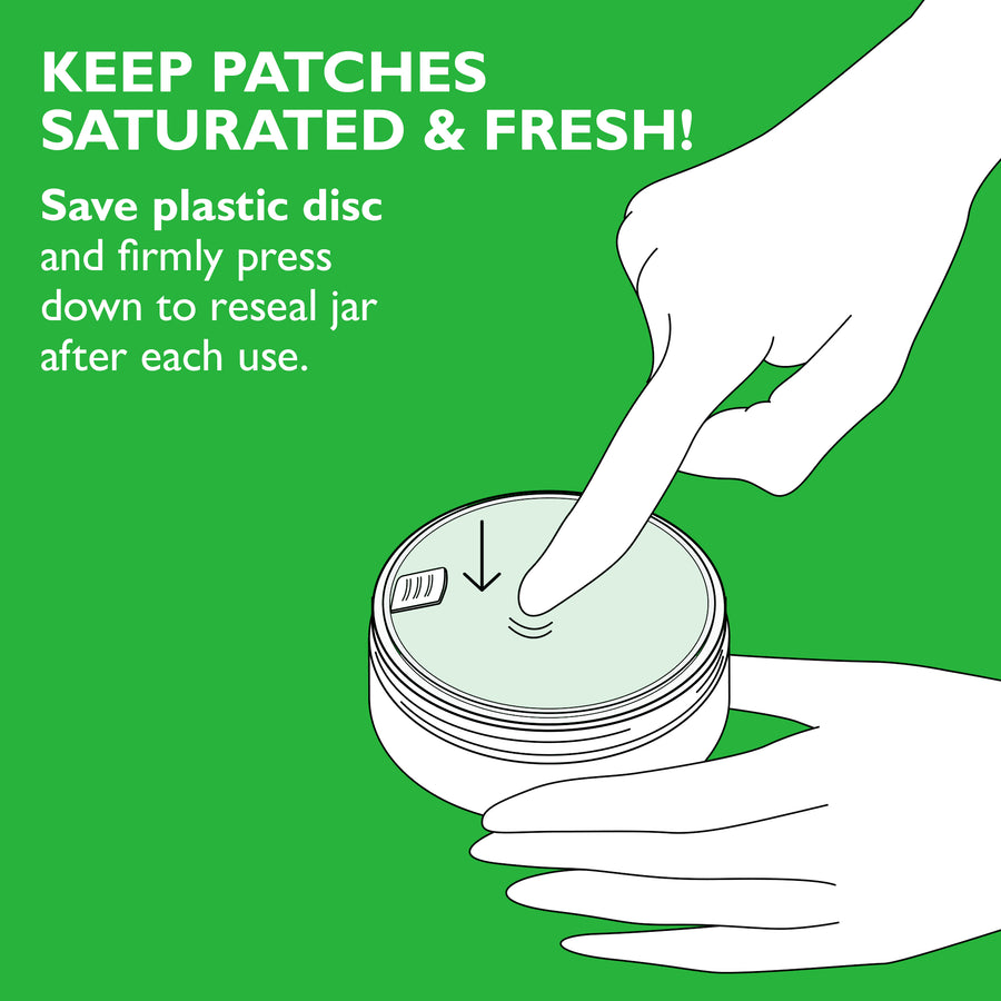 Hand pressing plastic disc down on jar of eye patches with instruction text on green background.