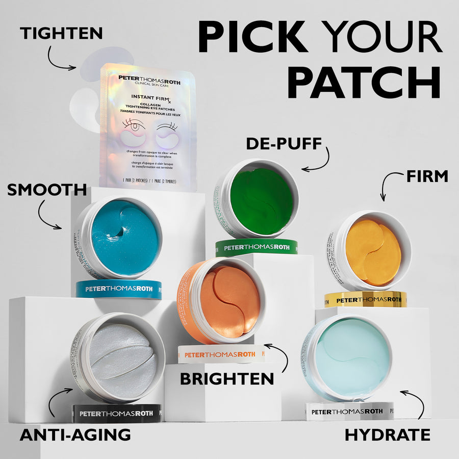 Six open gel patch containers in blue, green, orange, yellow, light blue, and silver with labeled benefits and product packag