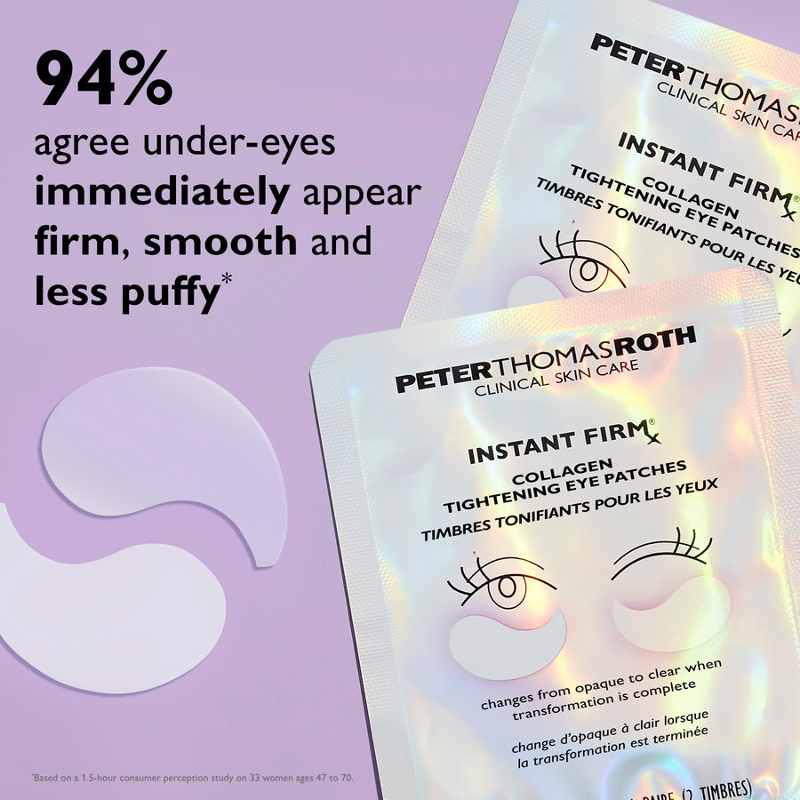 Peter Thomas Roth Instant FIRMx collagen tightening eye patches in cream color with product packaging and illustrated eye app