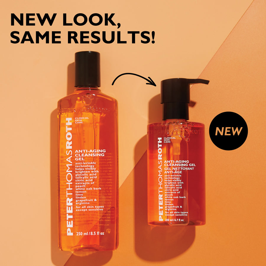 Two bottles of Peter Thomas Roth anti-aging cleansing gel with pump dispenser on peachy background.