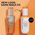 Two bottles of Potent-C Power Serum on peach background, old packaging on left and new redesigned packaging on right.