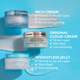 Three Peter Thomas Roth Water Drench moisturizers in cream and jelly formulations arranged on blue background.