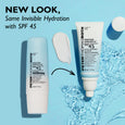 Peter Thomas Roth Water Drench moisturizer tubes and applicator swab on blue background with water splashes.