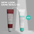 Two tubes of Even Smoother Microdermabrasion Exfoliating Pore Purifier—burgundy original packaging and white new packaging wi