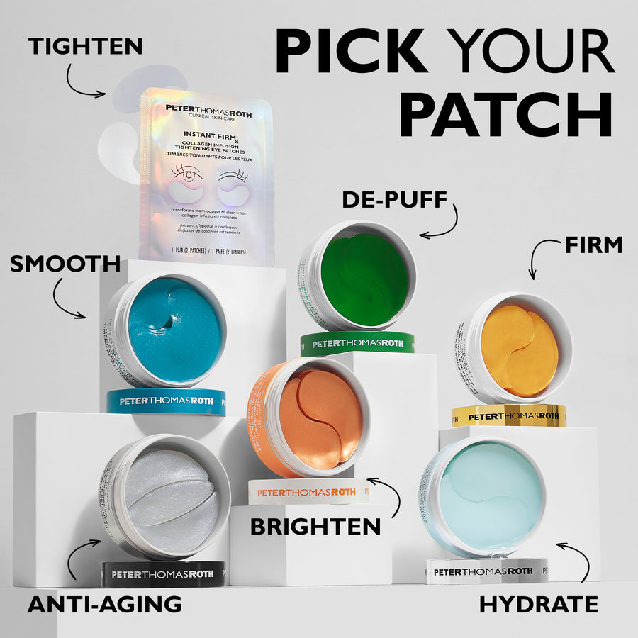 Gold-toned gel eye patches in assorted colors displayed in open jars with product packaging.
