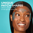 Person wearing translucent hydra-gel patches on forehead, under eyes, and temple areas against turquoise background.