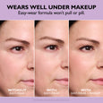 Three side-by-side close-ups of a woman's eye area showing skin texture before and after application of eye firming product, 