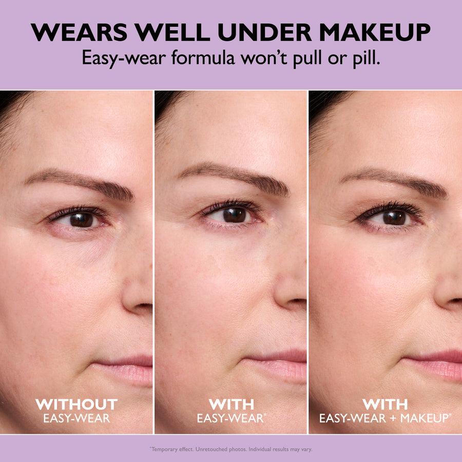 Three side-by-side close-ups of a woman's eye area showing skin texture before and after application of eye firming product, 