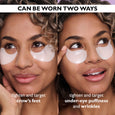 Two models wearing white gel eye patches under eyes in different positions to target crow's feet and under-eye puffiness.