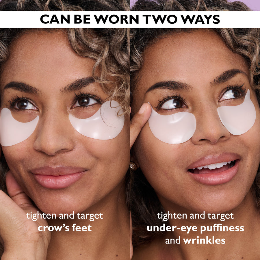 Two models wearing white gel eye patches under eyes in different positions to target crow's feet and under-eye puffiness.