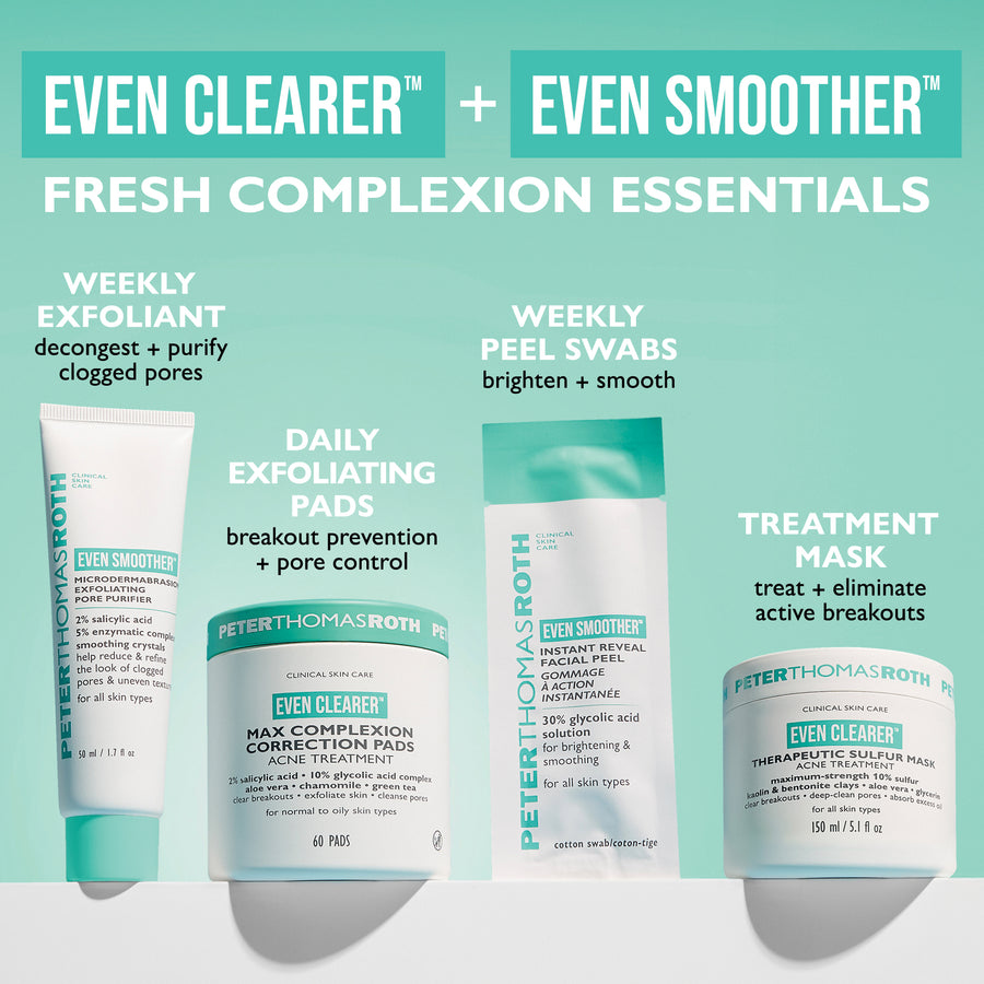 Turquoise and white skincare product set including exfoliating cream, treatment pads, peel swabs, and sulfur mask jar on ligh