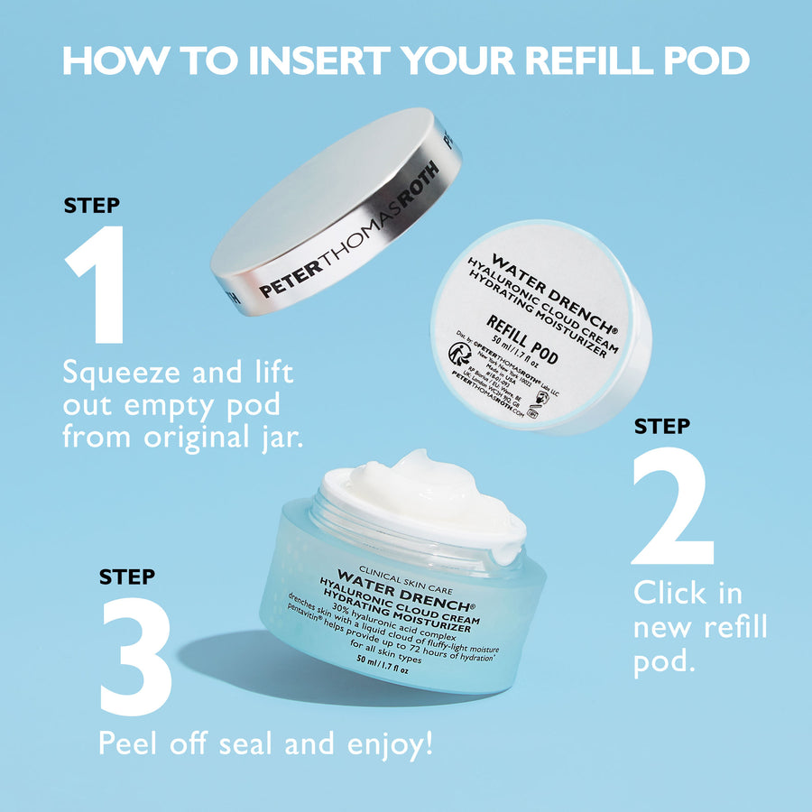Water Drench Hyaluronic Cloud Cream jar with refill pod and instructional steps on light blue background.