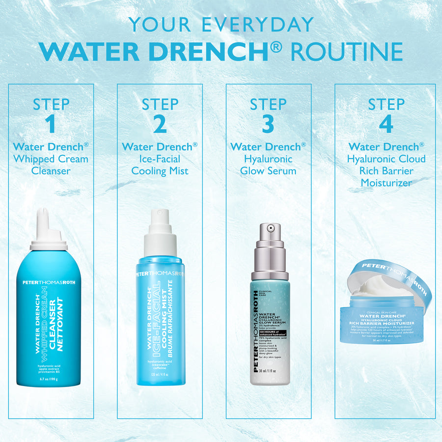 Light blue moisturizer jar with white lid labeled "Water Drench Hyaluronic Cloud Rich Barrier Moisturizer," 50 ml / 1.7 fl oz