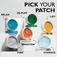 Five open jars of colored gel eye patches in blue, green, orange, yellow, and light blue arranged with labels indicating thei
