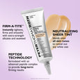 White tube of eye cream with sheer beige tint swatch displayed against lavender background.