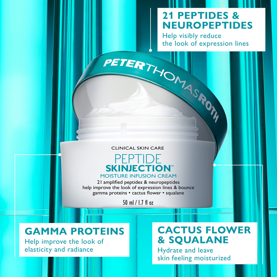 Peter Thomas Roth Peptide Skinjection Moisture Infusion Cream jar with teal lid, 50 ml size.