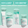 Four skincare products displayed: exfoliating cleanser, correction pads in container, facial peel swabs, and treatment mask.