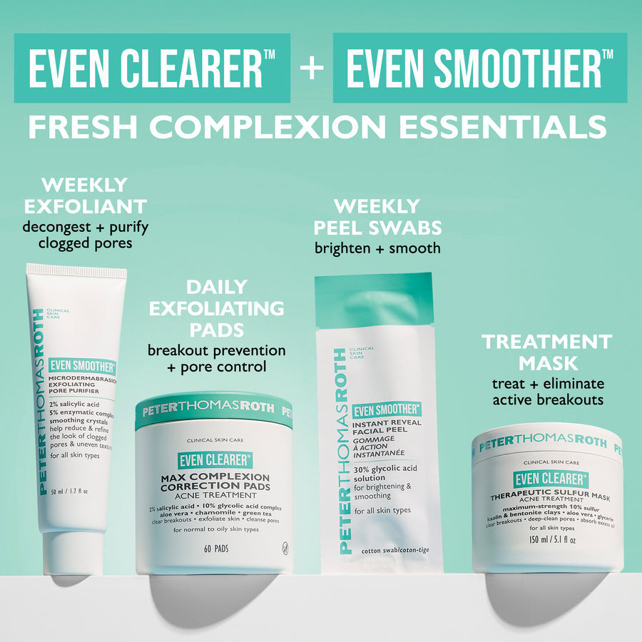 Four skincare products displayed: exfoliating cleanser, correction pads in container, facial peel swabs, and treatment mask.