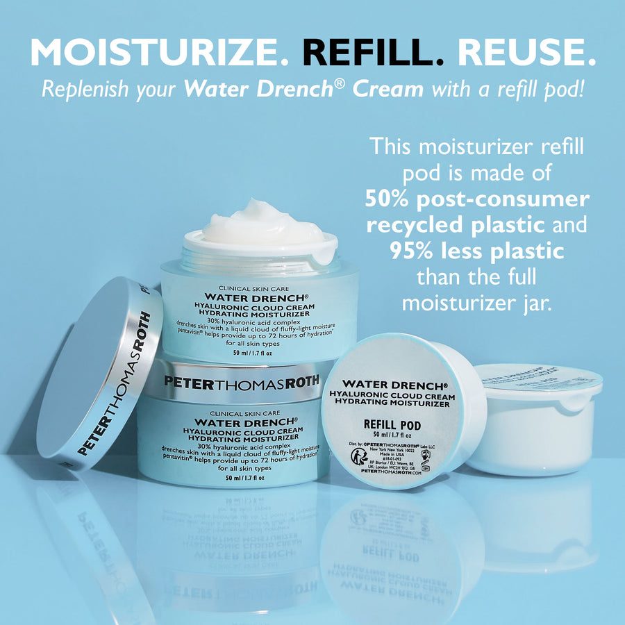 Water Drench Hyaluronic Cloud Cream moisturizer jar and refill pod on light blue background.
