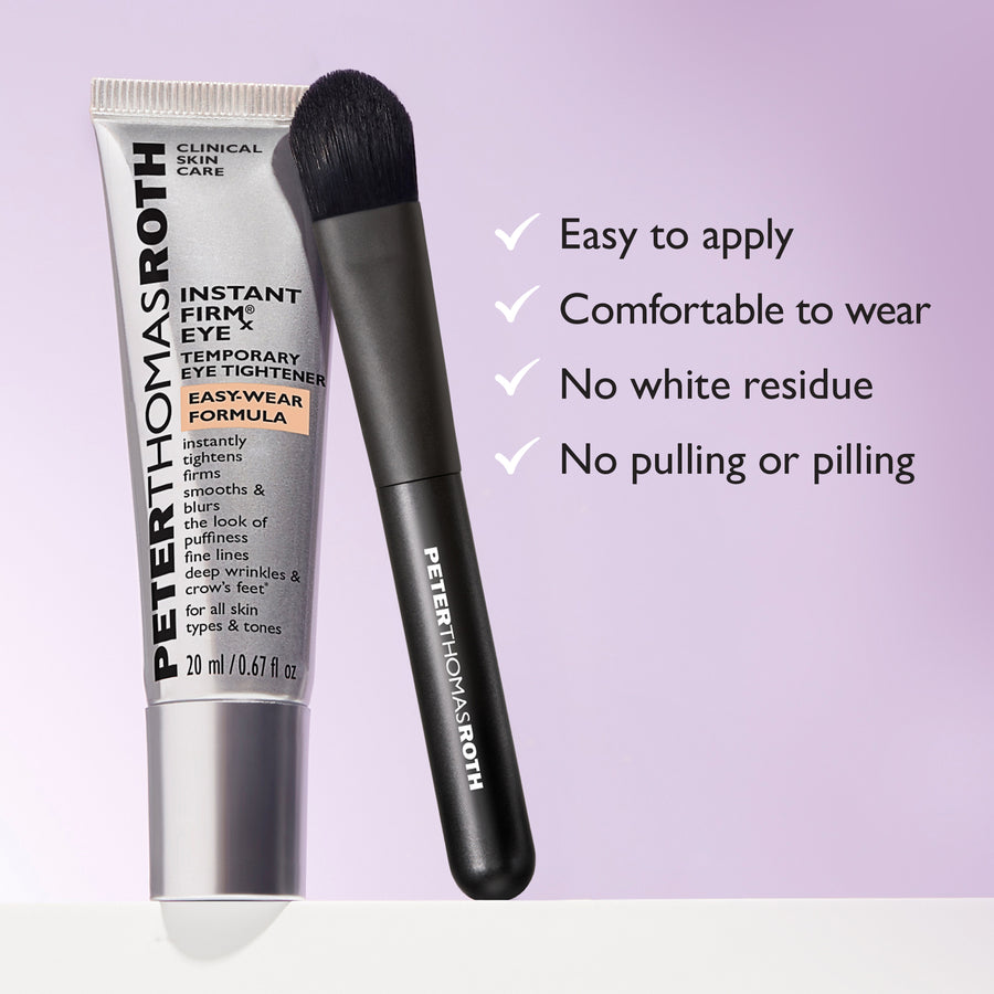 Peterborough Clinical Skin Care Instant Firmx eye tightener tube with black applicator brush on lavender background.