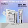 White and pink collagen eye patches with two accompanying primer tubes on gradient purple and blue background.
