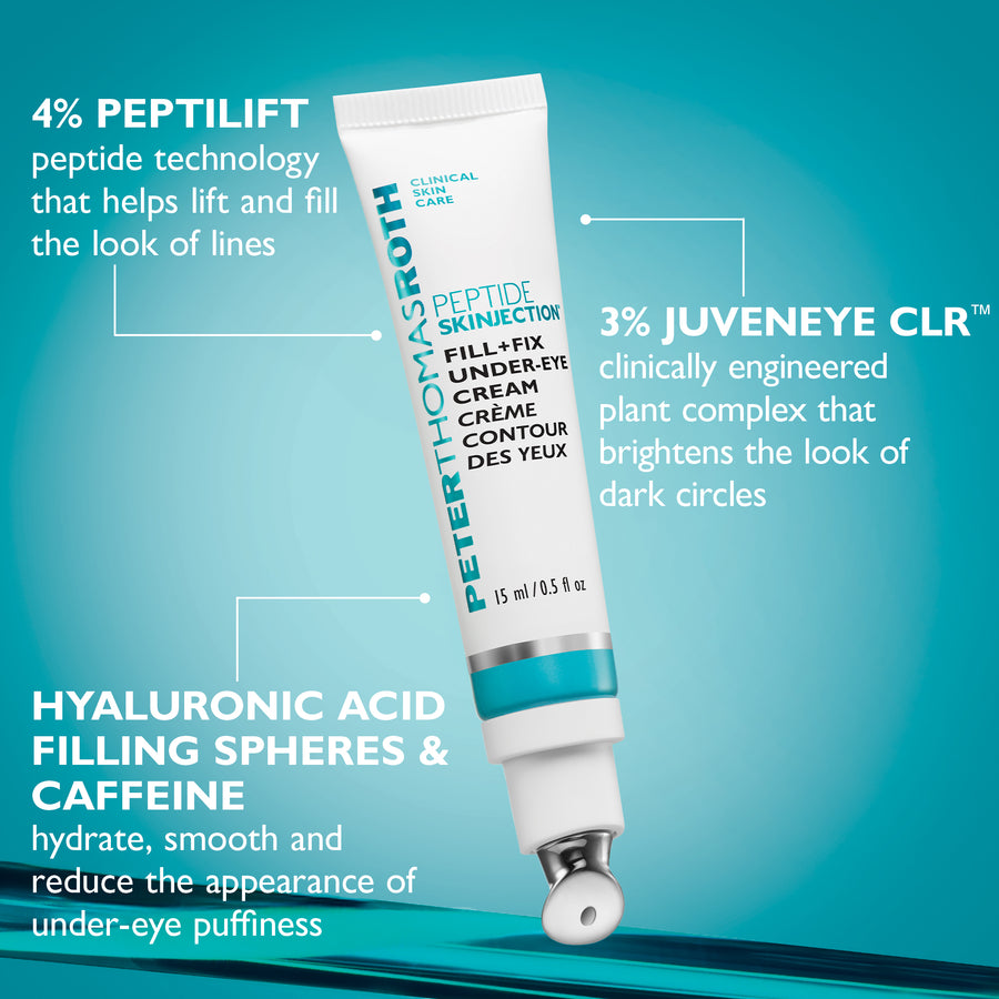 White tube of Peptide Skinjection under-eye cream with teal band and applicator tip on turquoise background.