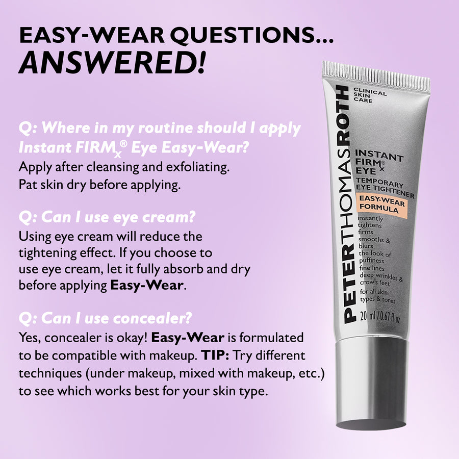 Tube of Peter Thomas Roth Instant Firm Eye Easy-Wear Formula temporary eye tightener on lavender background with application 