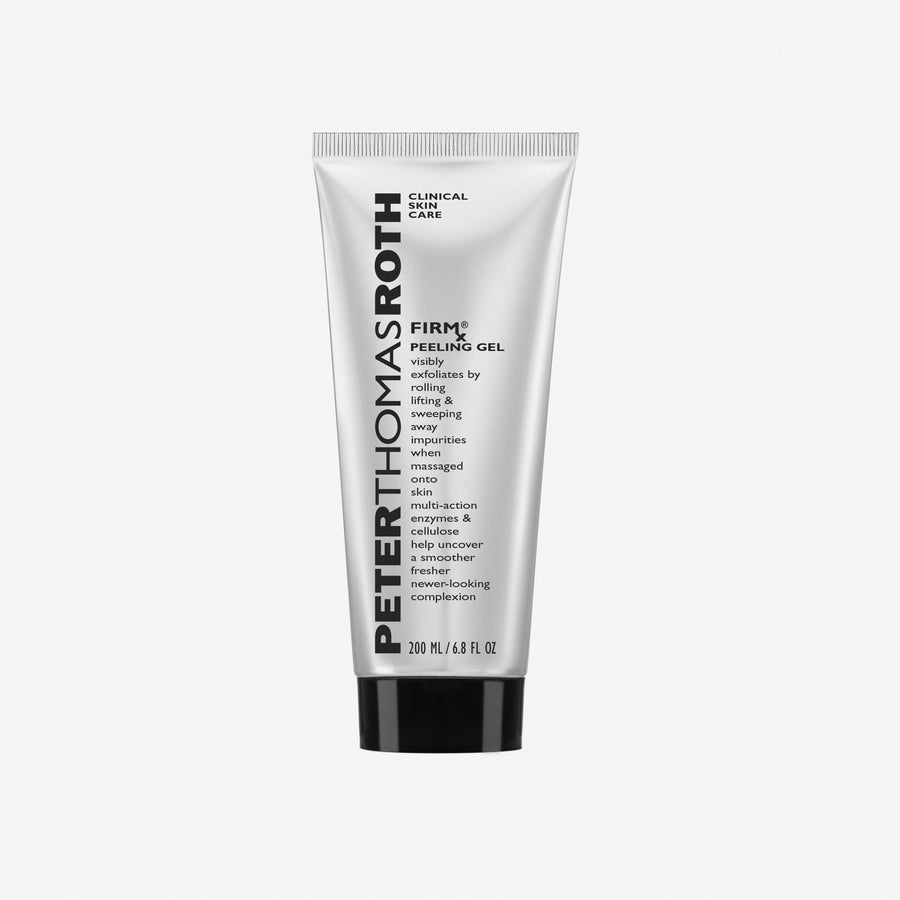 White tube of Peter Thomas Roth FIRMx Peeling Gel with black cap and text labeling, 200 ml size.