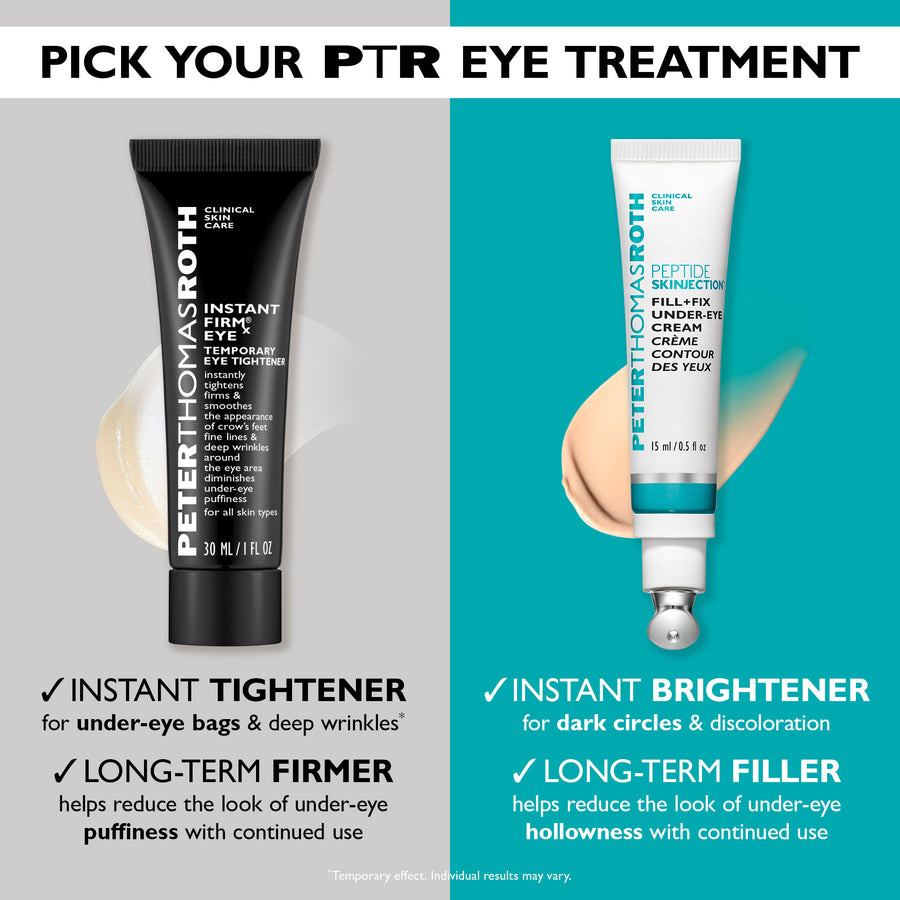 White under-eye cream tube with teal band and applicator ball, displayed against turquoise background with product claims.