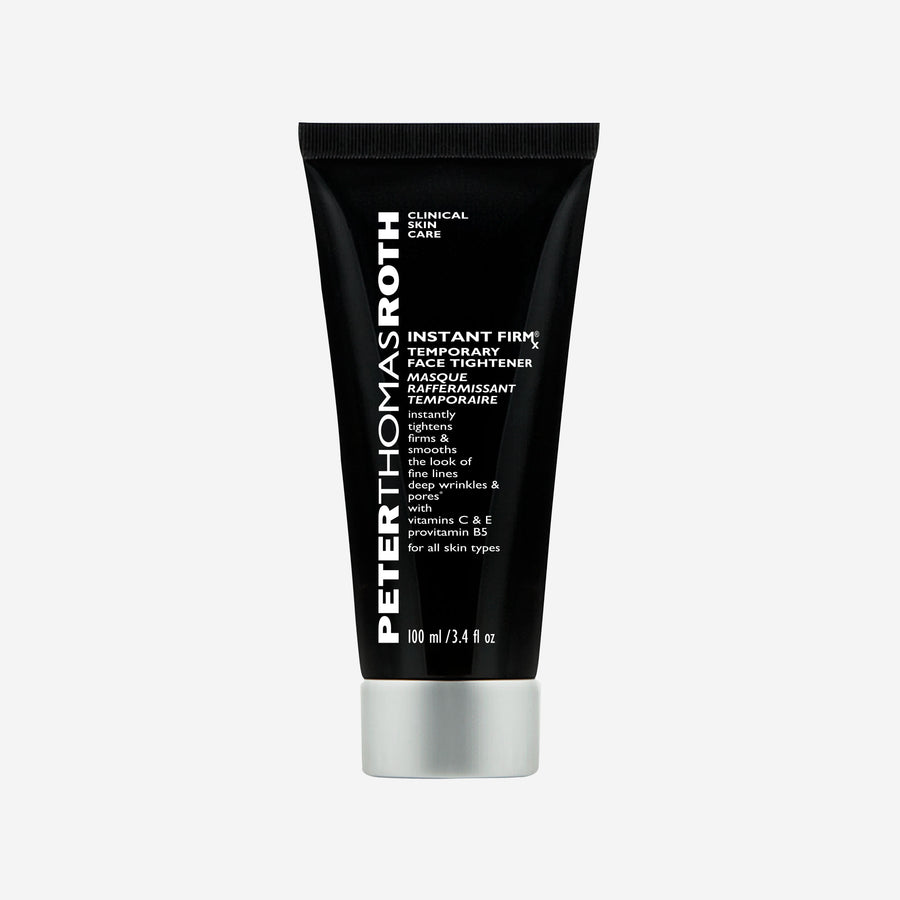 Black tube with silver cap containing 100 ml of Instant FIRMx Temporary Face Tightener by Peter Thomas Roth.