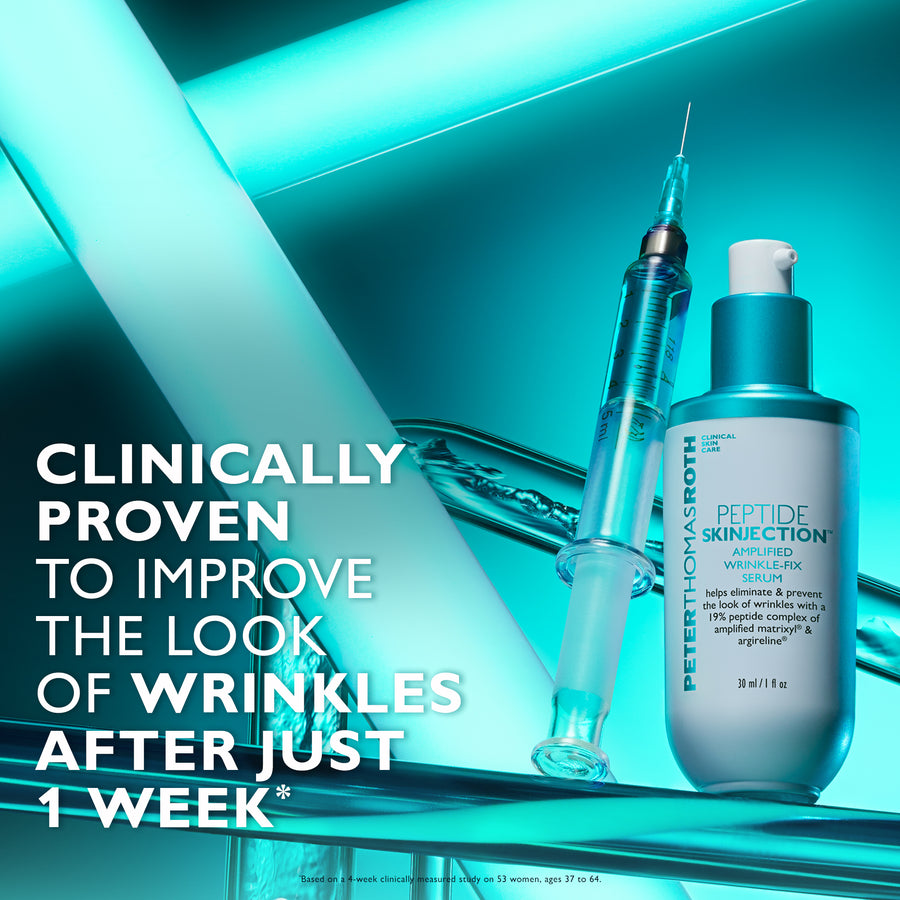 Clear bottle with white pump top labeled "Peptide Skinjection Amplified Wrinkle-Fix Serum" next to a syringe containing turqu