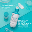 White and teal pump bottle of Peptide Skinjection serum with applicator swatch on turquoise background.