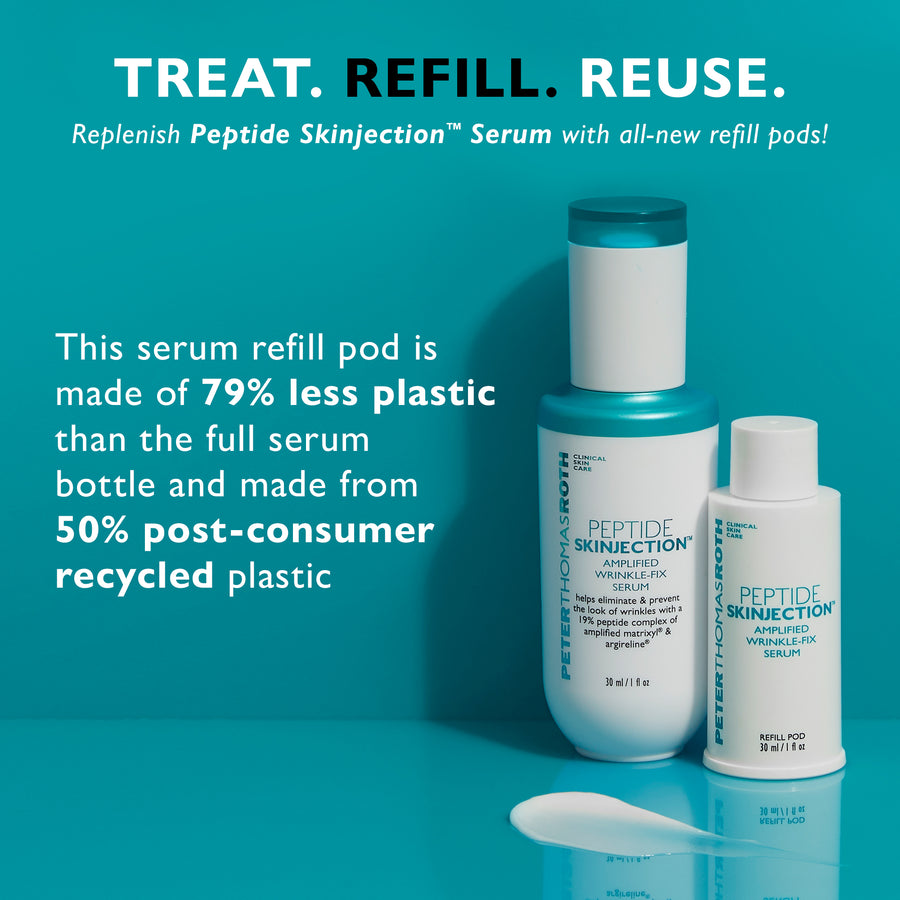 Peptide Skinjection Amplified Wrinkle-Fix Serum refill pod in white bottle with teal cap, 30 ml.