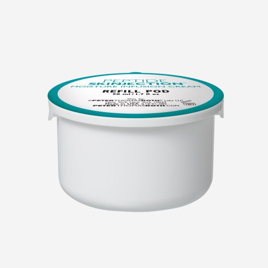 White cylindrical refill pod with teal lid labeled "Peptide Skinjection Moisture Infusion Cream Refill Pod."