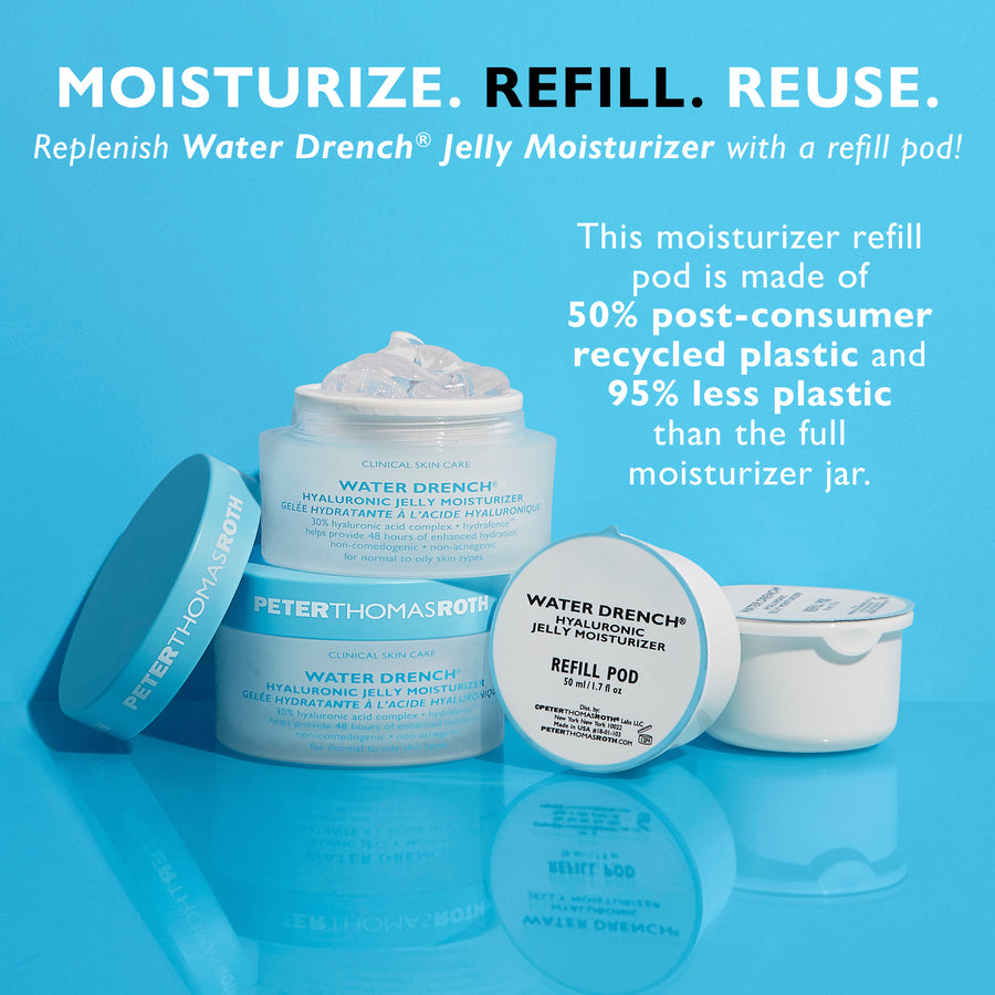 White refill pod of Water Drench Hyaluronic Jelly Moisturizer displayed with full-size jars against a blue background.