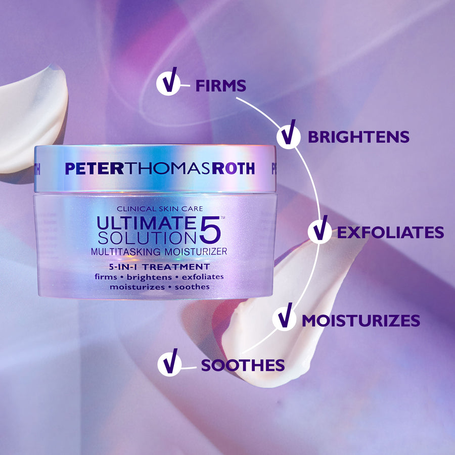 Peter Thomas Roth Ultimate Solution 5 Multitasking Moisturizer jar with cream texture on purple background.