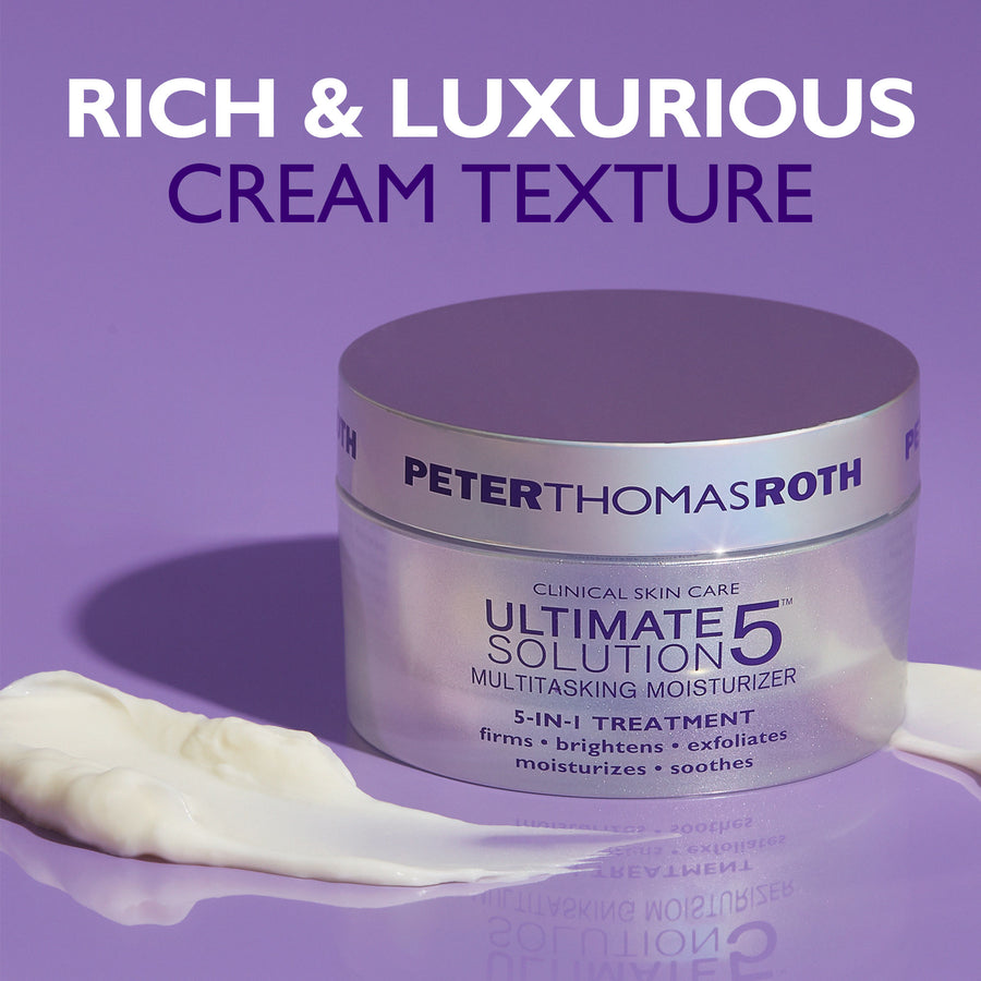 Peter Thomas Roth Ultimate Solution 5 Multitasking Moisturizer jar with white cream texture on purple background.