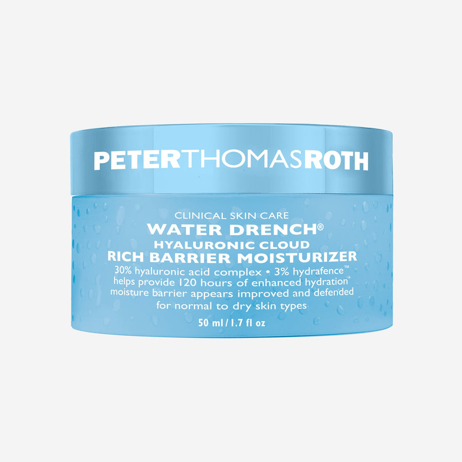 Peter Thomas Roth Water Drench Hyaluronic Cloud Rich Barrier Moisturizer in a blue jar, 50 ml size.