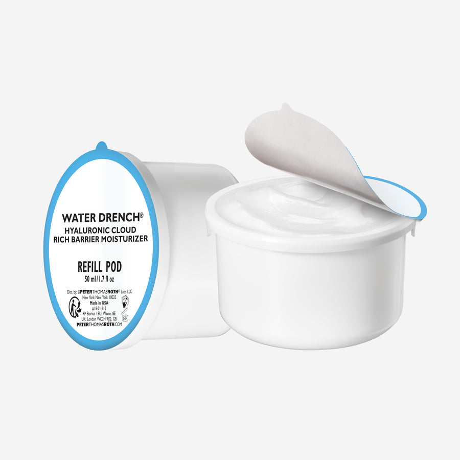 White cylindrical refill pod with blue oval label showing Water Drench Hyaluronic Cloud Rich Barrier Moisturizer text and 50m
