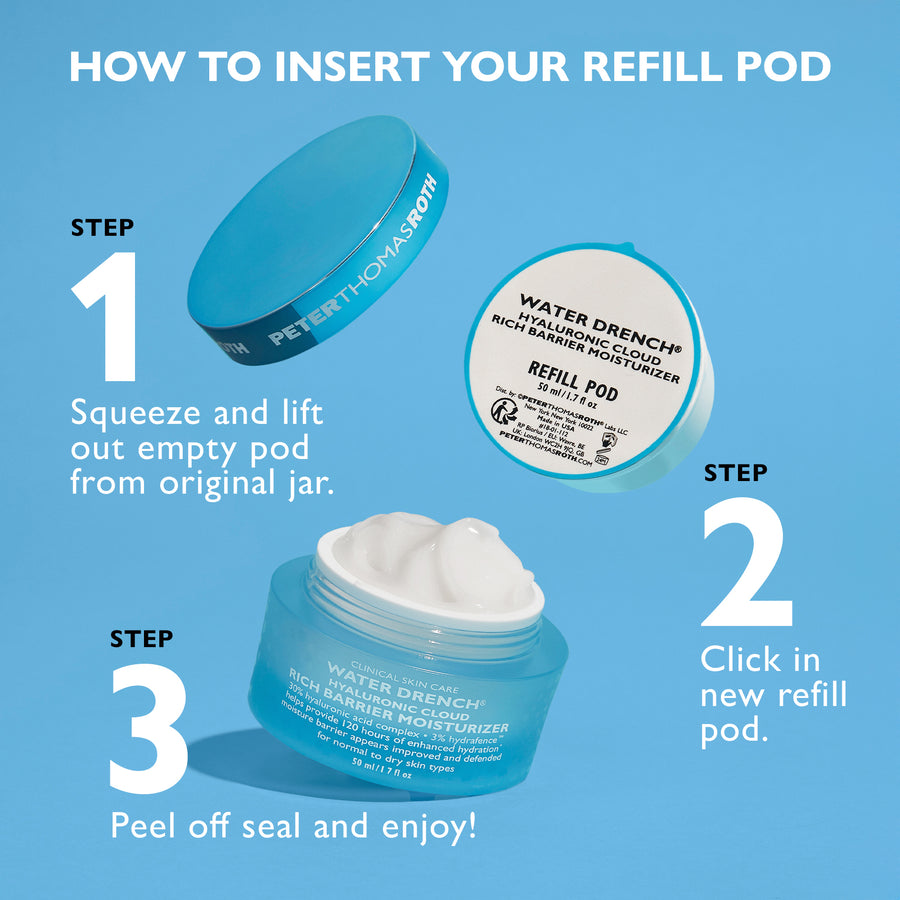 Round turquoise refill pod with white label for Water Drench Hyaluronic Cloud Rich Barrier Moisturizer.