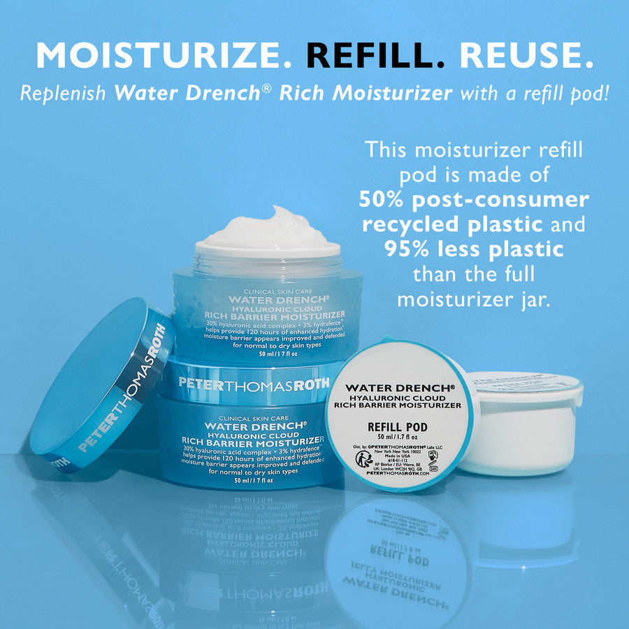 Water Drench Rich Barrier Moisturizer refill pod with white cream and blue container on light blue background.