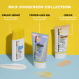 Three Peter Thomas Roth Max sunscreen products displayed: cream serum with yellow cap, primer-like gel with iridescent packag