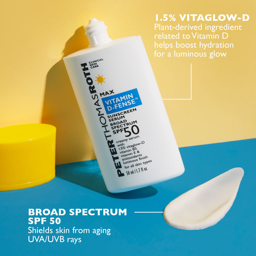 White pump bottle of sunscreen serum with blue label next to a white cream swatch, yellow cup, and yellow background.