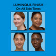 Four close-up portraits of people with different skin tones displaying luminous skin finish against blue background.