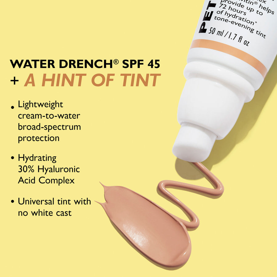 White tube with peach-toned tint dispensed in a swirl on yellow background, labeled Water Drench SPF 45.