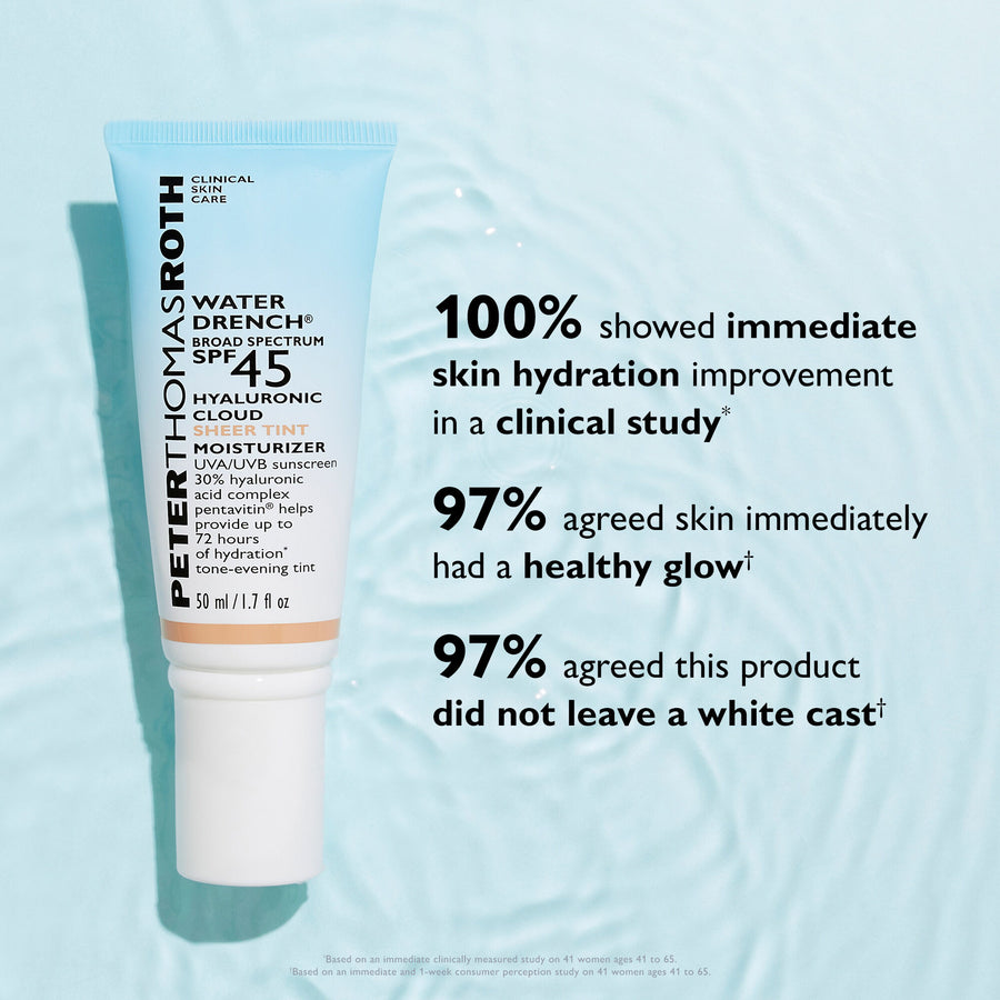 Light blue tube of Water Drench SPF 45 tinted moisturizer with white base and peach-toned tip against water-textured backgrou