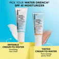 Two Water Drench SPF 45 moisturizer tubes on blue and yellow background showing clear and tinted formulas.