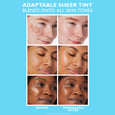 Six close-up shots of faces in light, medium, and deep skin tones showing moisturizer application before and after blending.