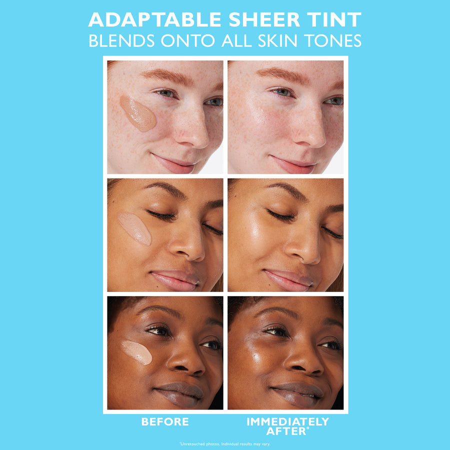 Six close-up shots of faces in light, medium, and deep skin tones showing moisturizer application before and after blending.